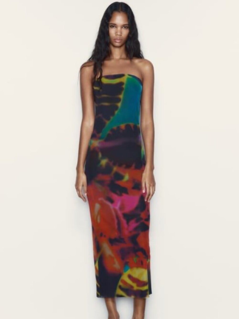 Zara Multicolor Abstract Print Mesh Midi Dress Black Orange Green Size S